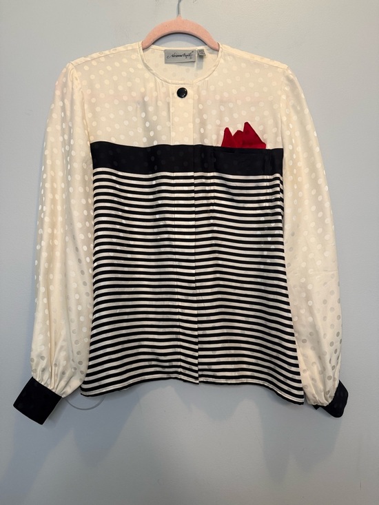 Adrianna Papell Tops - VINTAGE Adrianna Papell 100% Silk Mixed Print Striped Polka Dot Blouse Size 6